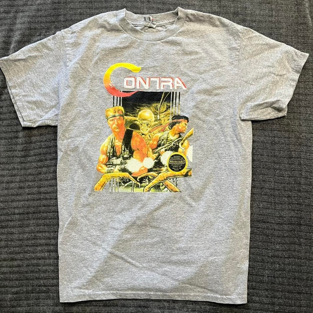 Y2K Contra Video Game Gray Graphic T-Shirt Medium
